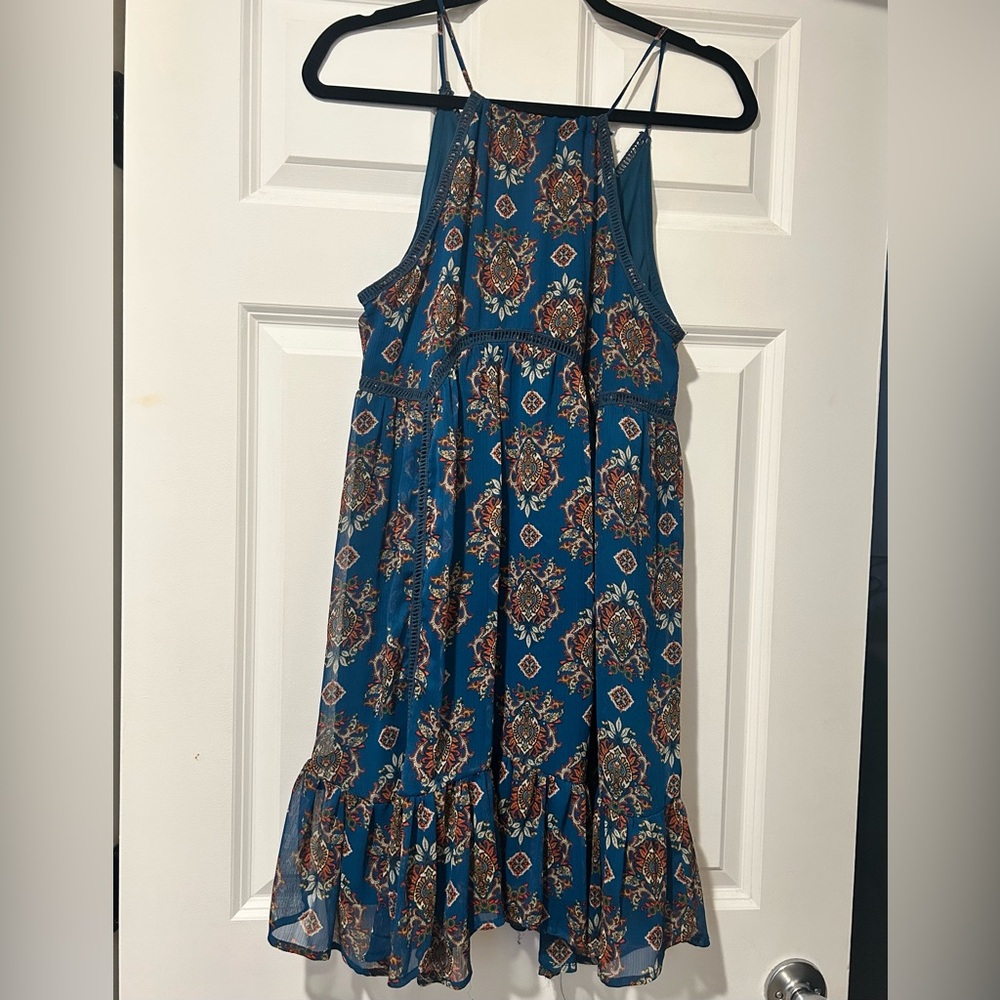 Coco + Jaimeson Bohemian Festival Print Lined Teal Mini Dress Tunic Tank Top - Picture 6 of 14